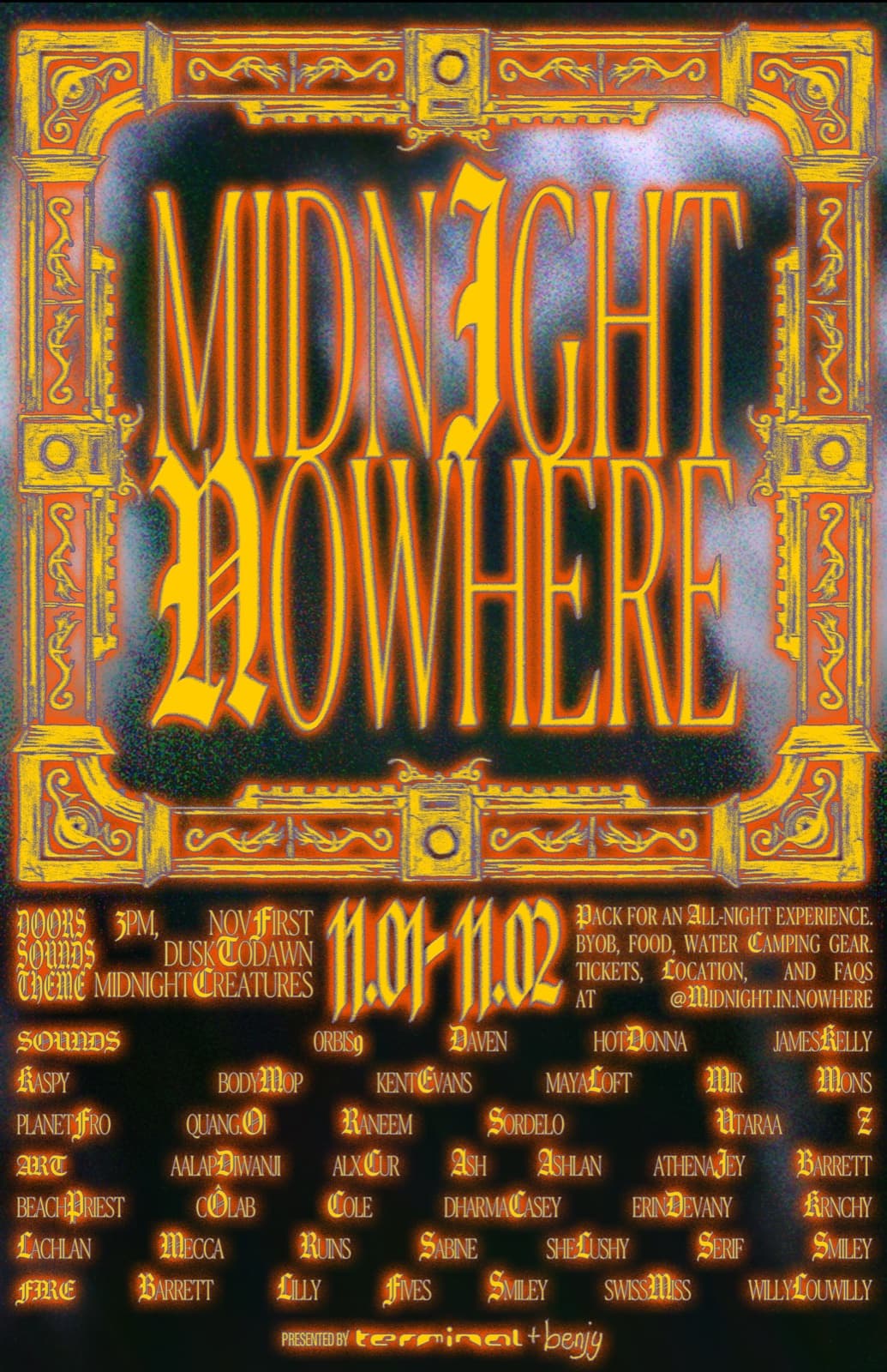 Ornate red and gold Midnight in Nowhere poster with illuminated manuscript-style border, November 1-2, 2025