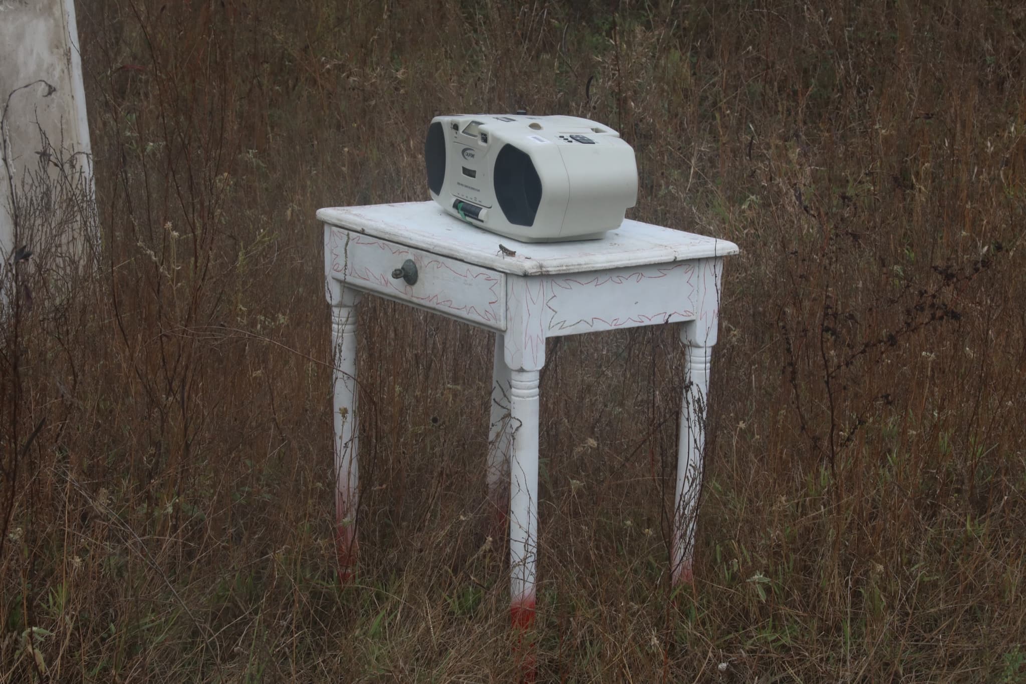 A vintage boombox resting on a painted side table in tall grass