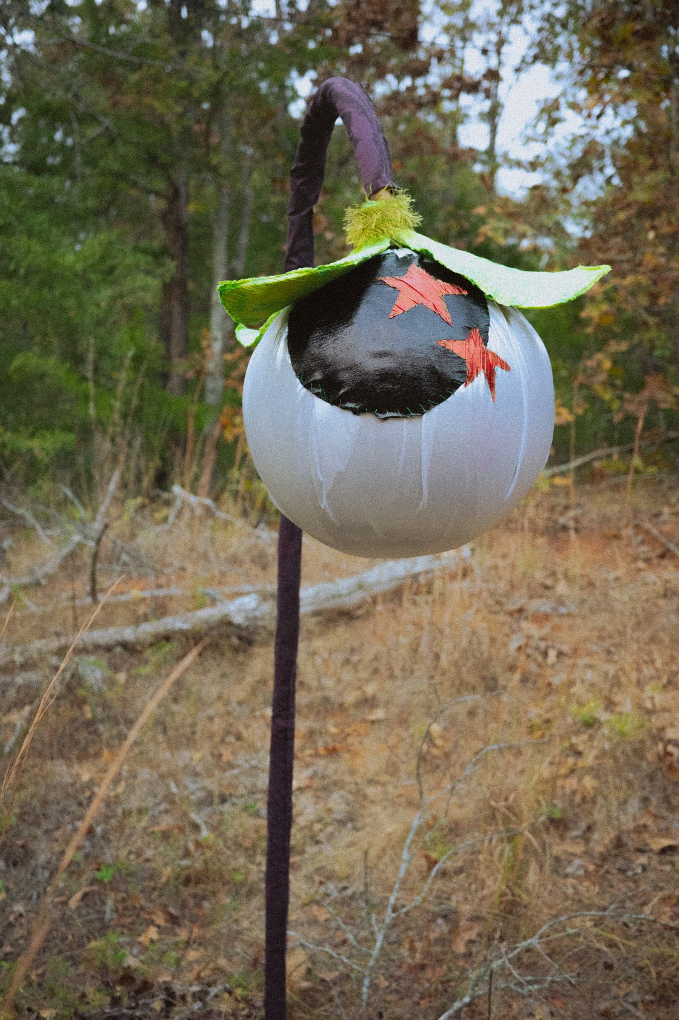 A pale orb-headed sculpture with a leafy green hood in the woods