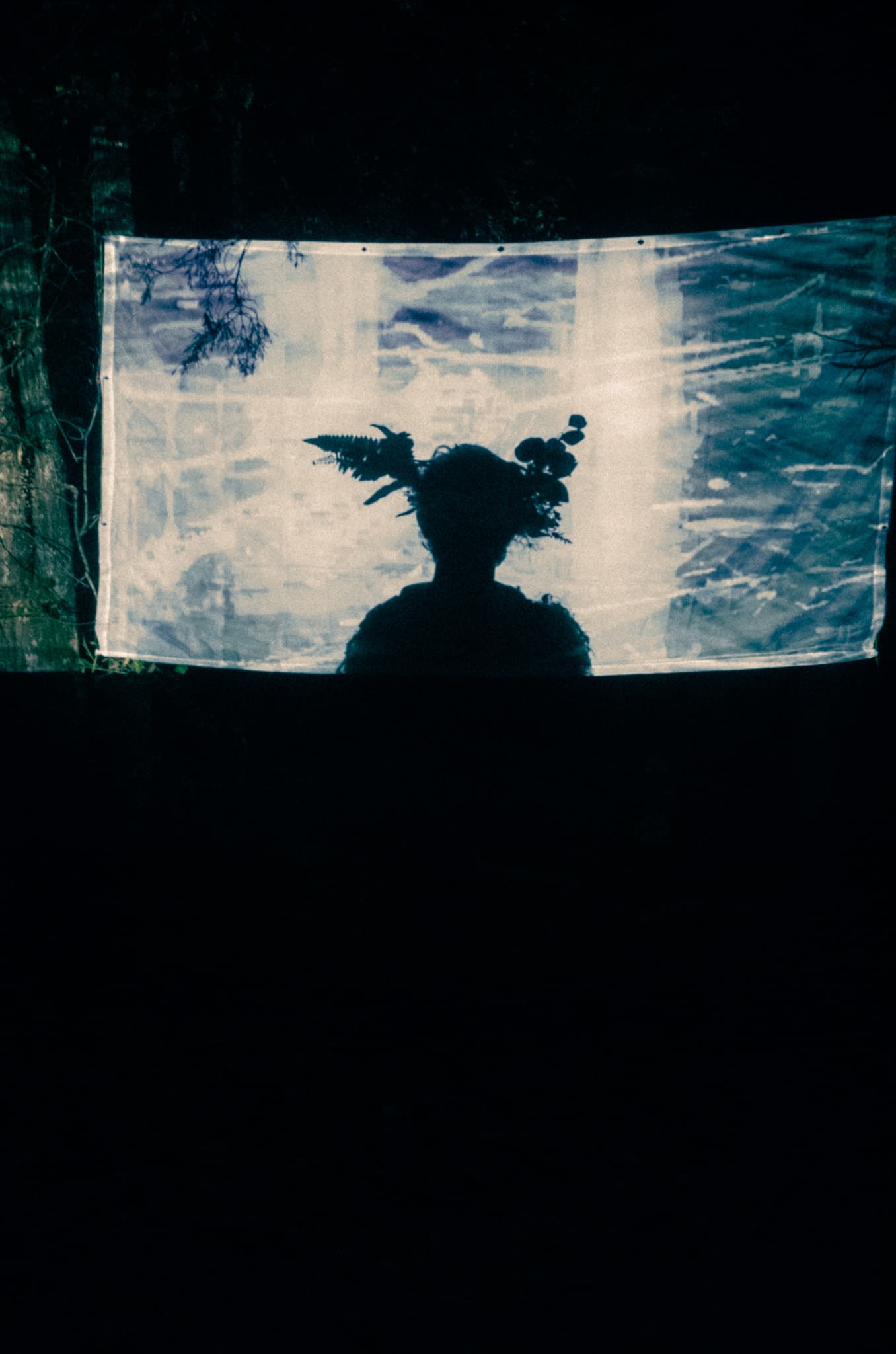 A silhouetted figure crowned with foliage against a glowing projection screen