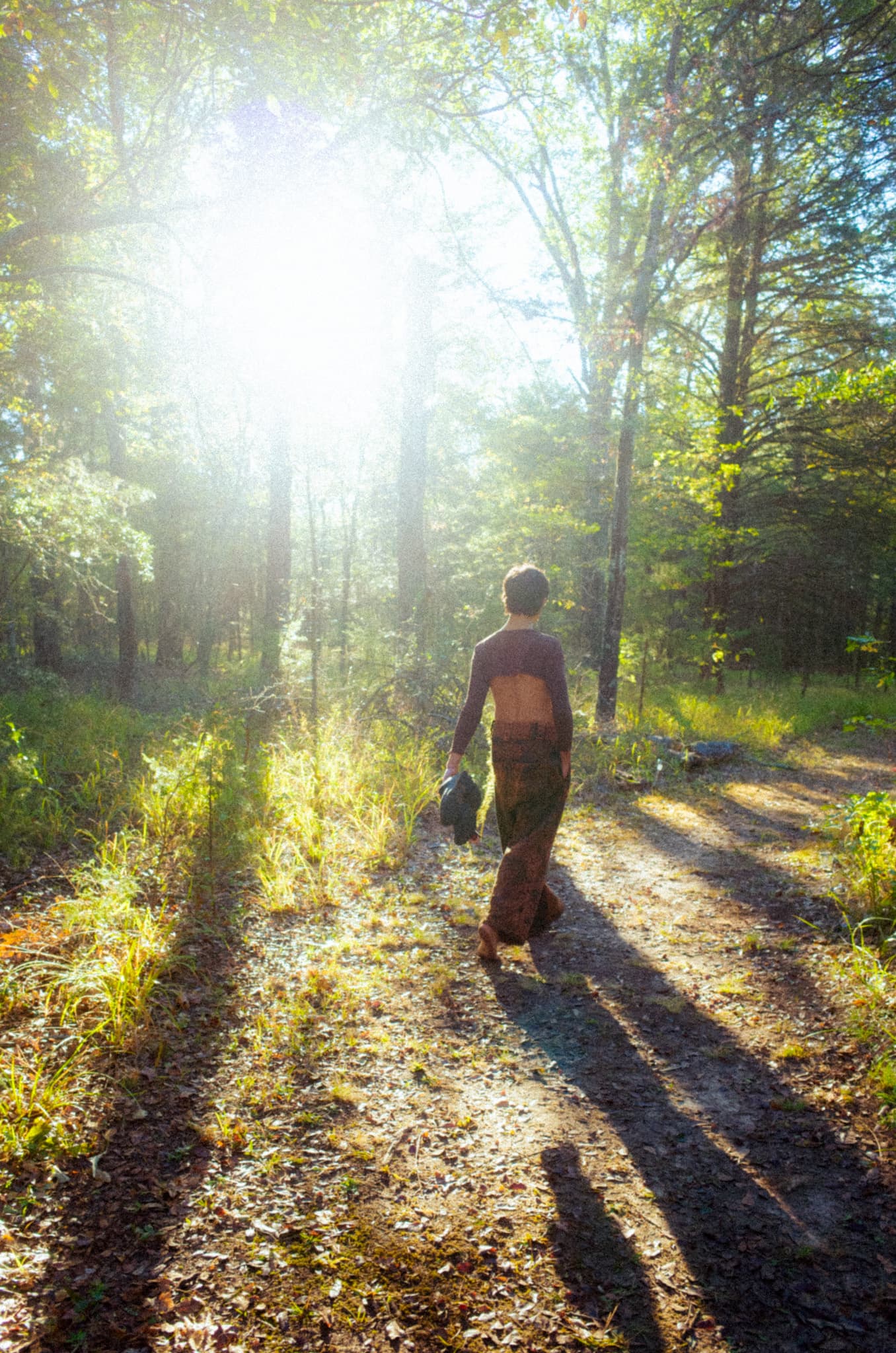 A dancer walking a sunlit forest path in flowing fabric