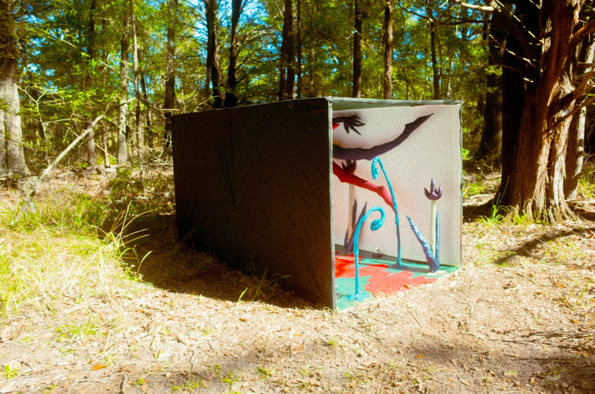 A hand-painted art installation tucked into the pine woods